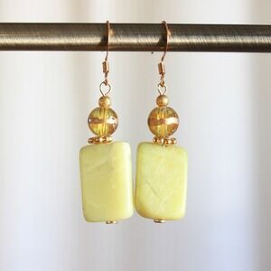 Lime Green Stone Slab Drop Earrings Amber Glass Bead Gold Tone Boho Dangle F4